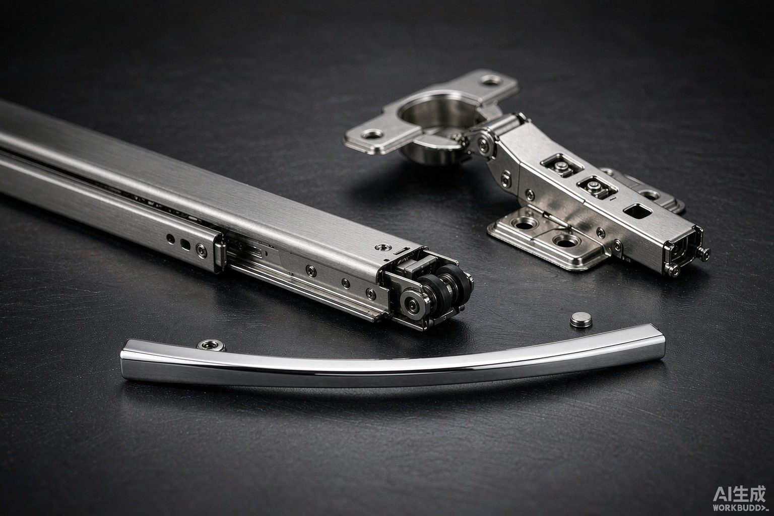 Cabinet hardware including hinges slides and handles